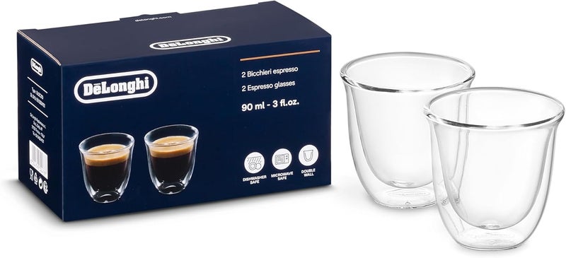 De'Longhi Double Wall Espresso Glasses, 90ml, Set of 2, Hand-Blown Borosilicate Glass, Thermal Insulated, Condensation-Free, Dishwasher Safe, Perfect for Espresso, Cappuccino, Hot Coffee DLSC310 - Image 1